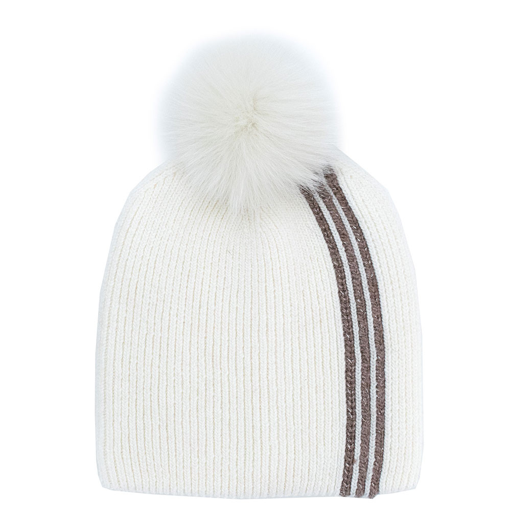 

Шапка-бини Peter Glenn с полосатой расцветкой и помпоном из лисьего меха (женская), White/Taupe Stripe/Fox Fur