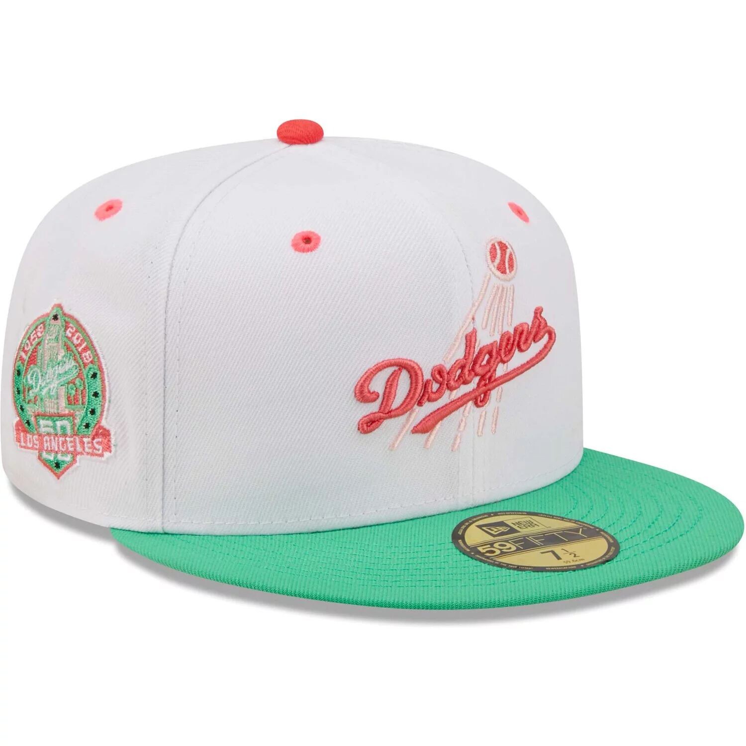 

Мужская облегающая шляпа New Era белого/зеленого цвета Los Angeles Dodgers 50th Anniversary in Los Angeles Watermelon Lolli 59FIFTY