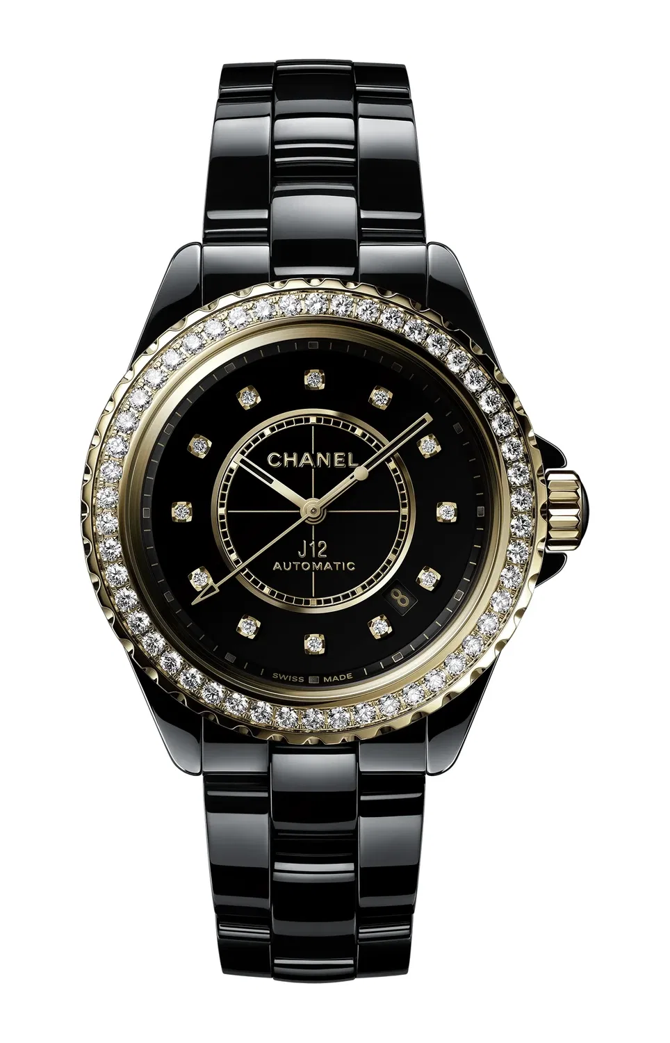 J12 с безелем, украшенным бриллиантами, калибр 12.1, 38 мм - H9837 CHANEL, черный