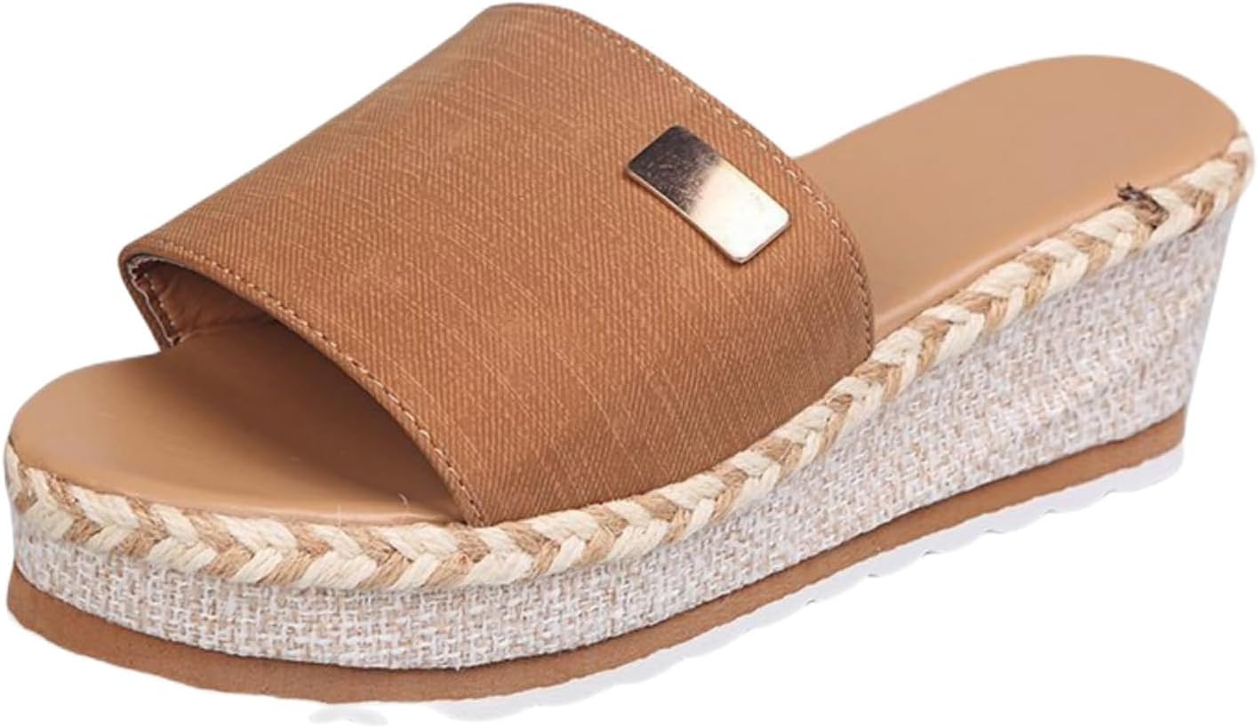

Платформенные сандалии-эспадрильи для женщин, мюли с открытым носком, с пряжкой на танкетке, удобные летние сандалии с открытым носком из ткани для прогулок на улице, пляжа и отпуска Generic, коричневый