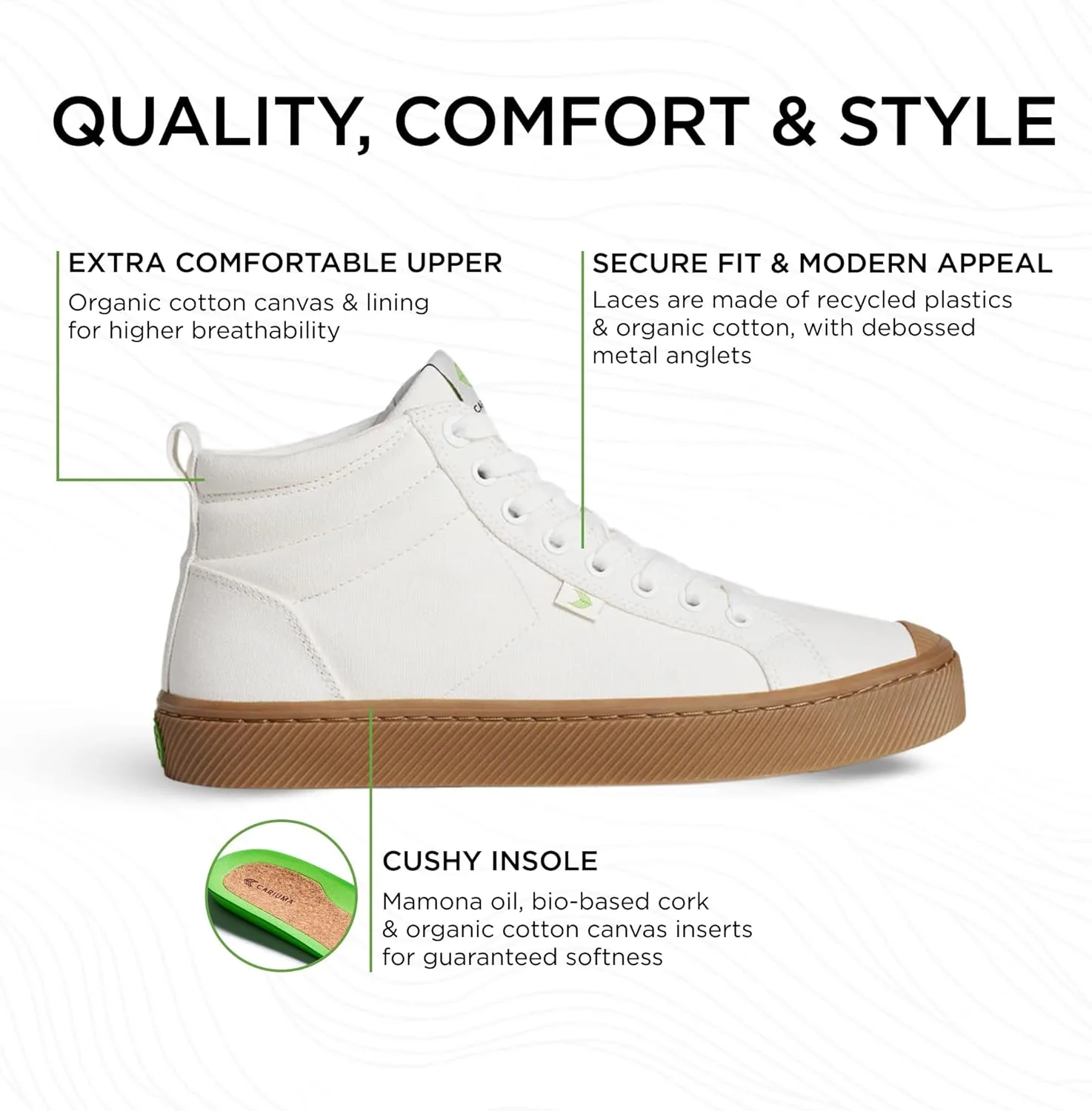 Кроссовки Cariuma OCA High Gum Canvas, удобная мужская обувь, легкая и экологичная, универсальная повседневная обувь со 100% веганской стелькой, резиновая подошва, белый — фото 2
