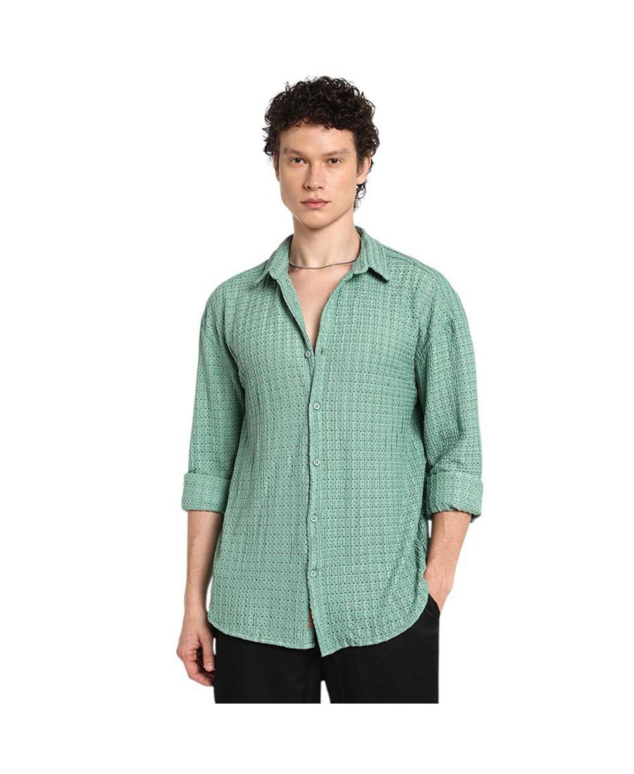 

Мужская рубашка оверсайз из ажурной вязки цвета морской волны, бирюзового цвета Campus Sutra, Green