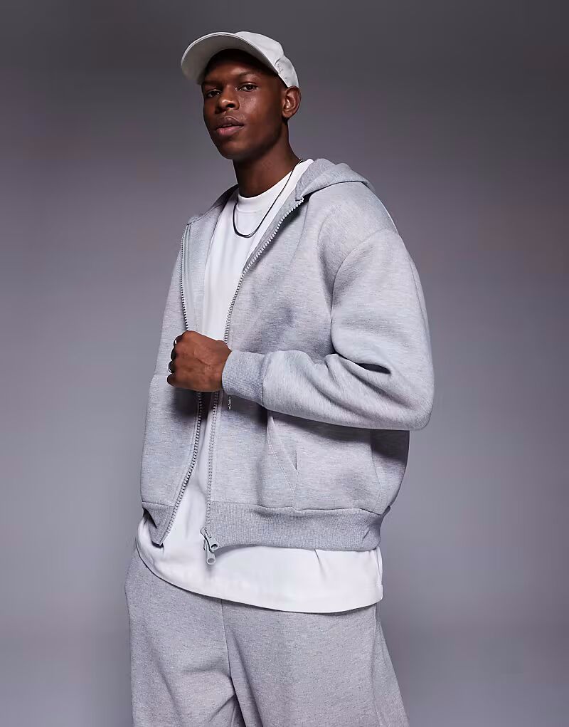 

Плотная свободная толстовка с капюшоном на молнии из ткани в стиле «скуба» серого меланжевого цвета Asos Design