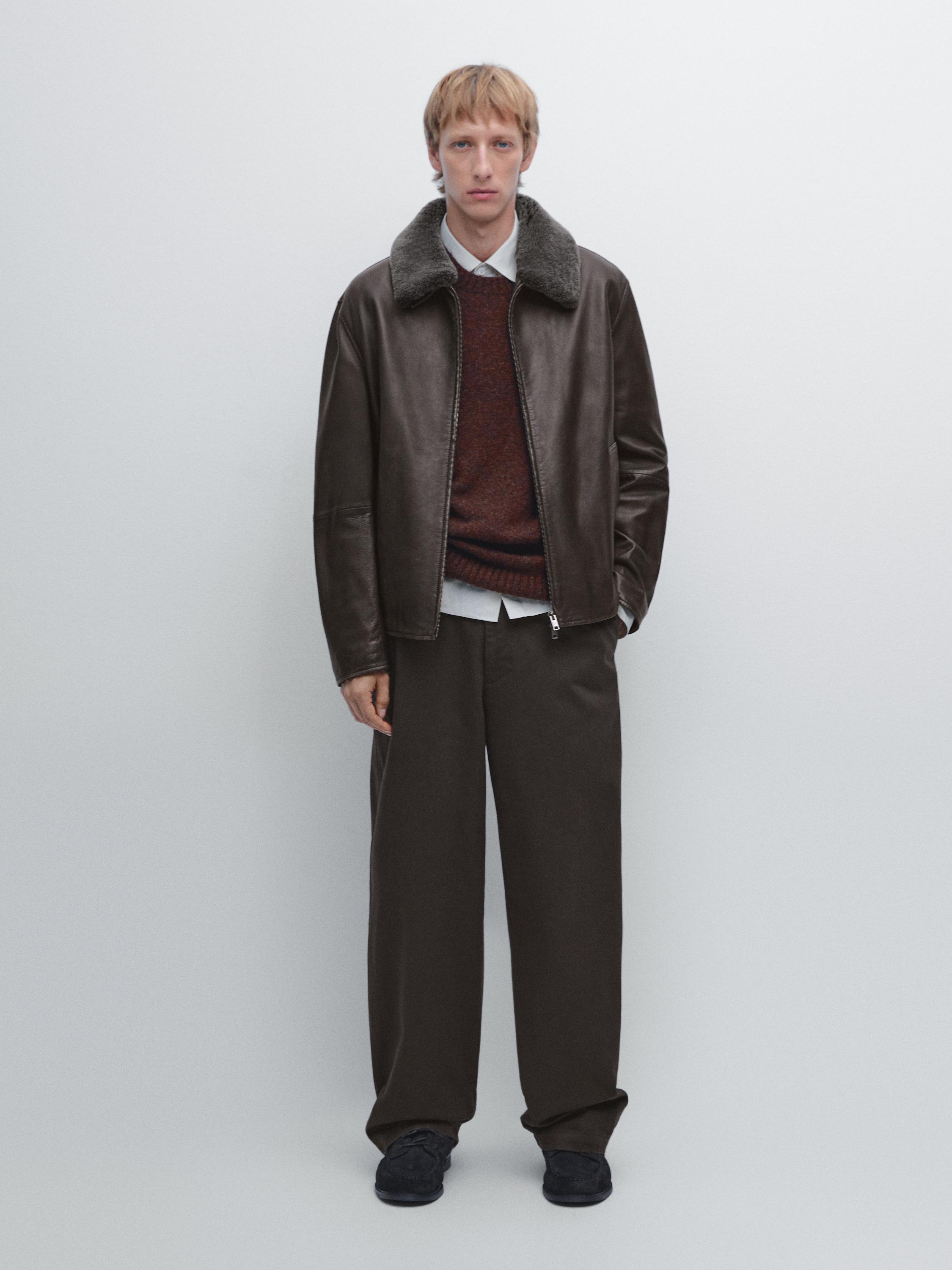 

Куртка из кожи наппа с воротником из овчины Massimo Dutti, коричневый