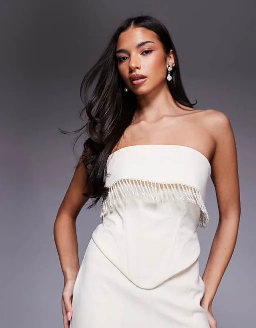 

Кремовый льняной корсетный топ с жемчужной отделкой ASOS LUXE