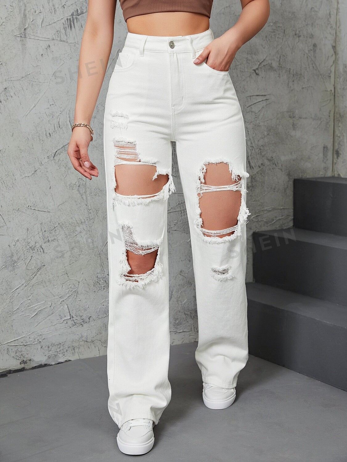 

Джинсы EZwear, прямого кроя, завышенная талия, рваные Shein, белый