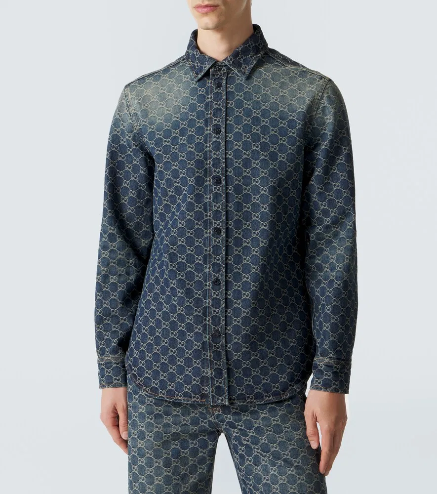 Рубашка Gucci из жаккардовой джинсовой ткани, классический воротник, синий — фото 3