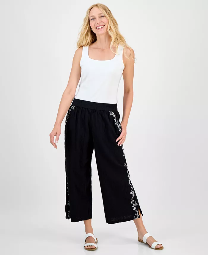 

Укороченные хлопковые брюки с вышивкой на кулиске из газы Style & Co, черный