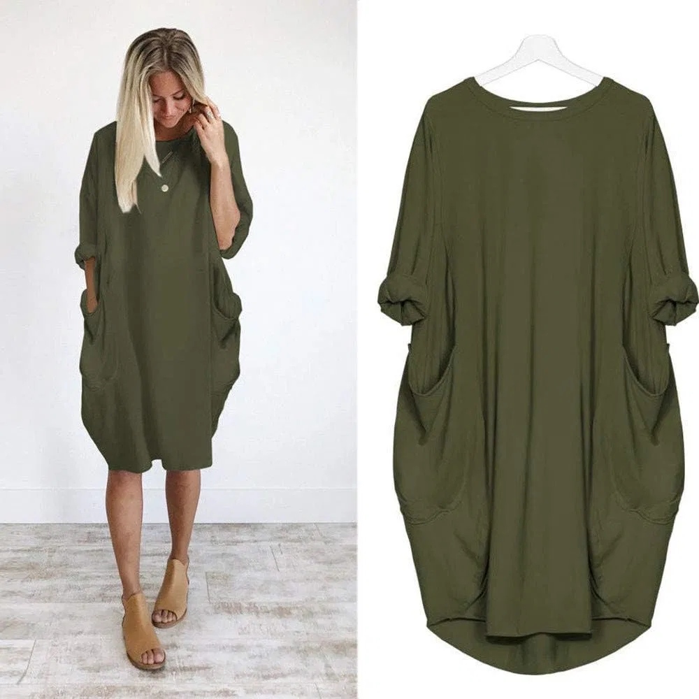 Платье Loose женское повседневное Plus Size с карманом и круглым вырезом, силуэт A-Line Generic, зеленый — фото 2