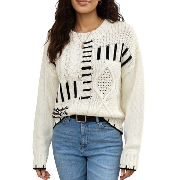 

Женский свитер с фактурным пэчворком, косой вязкой, длинными рукавами и контрастной строчкой Anna-Kaci