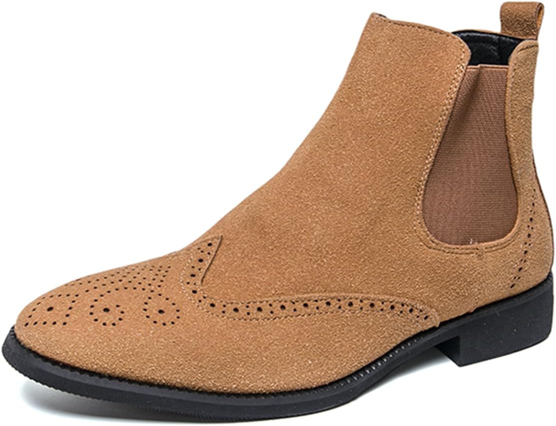 

Мужские замшевые сапоги Челси с брогированным узором, заостренным носком, эластичными боками для удобного надевания и низким каблуком. Элегантная обувь для официальных мероприятий, работы в офисе и повседневных деловых выходов Psieicwm, коричнев...