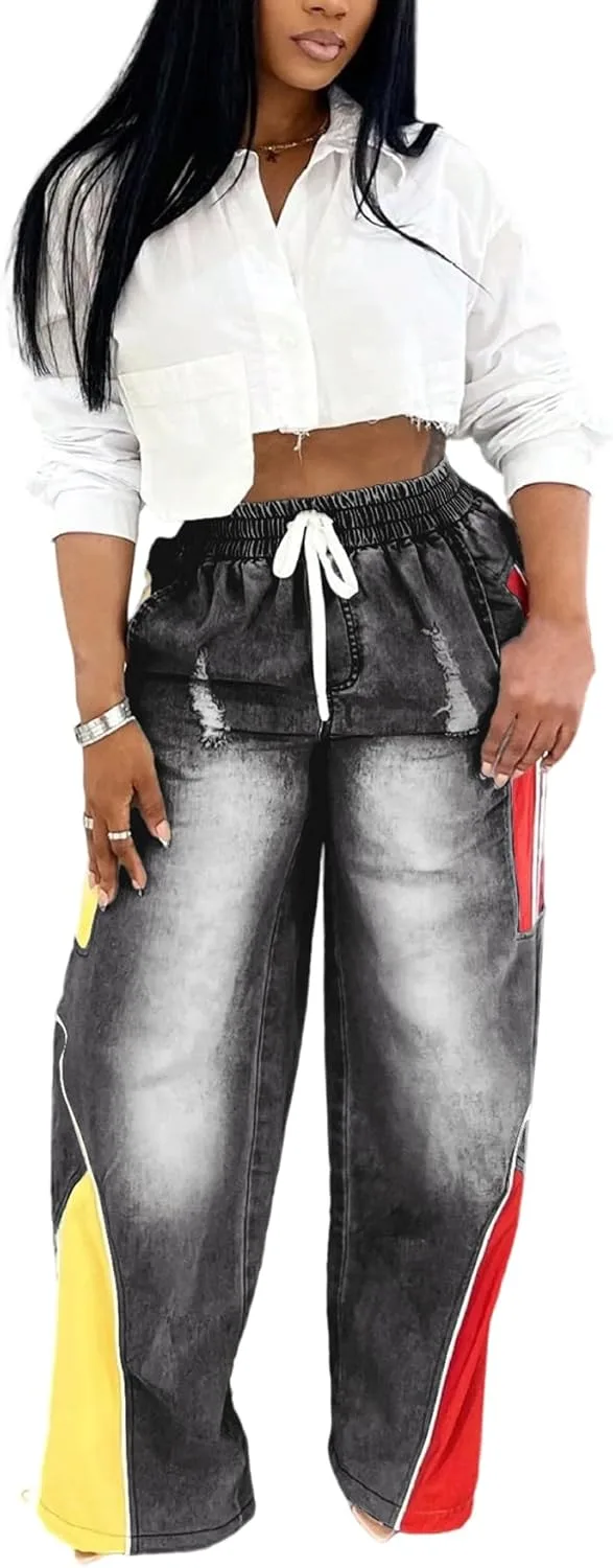 

Джинсы DINGANG для женщин с высокой талией, прямые, в полоску и пэчворк