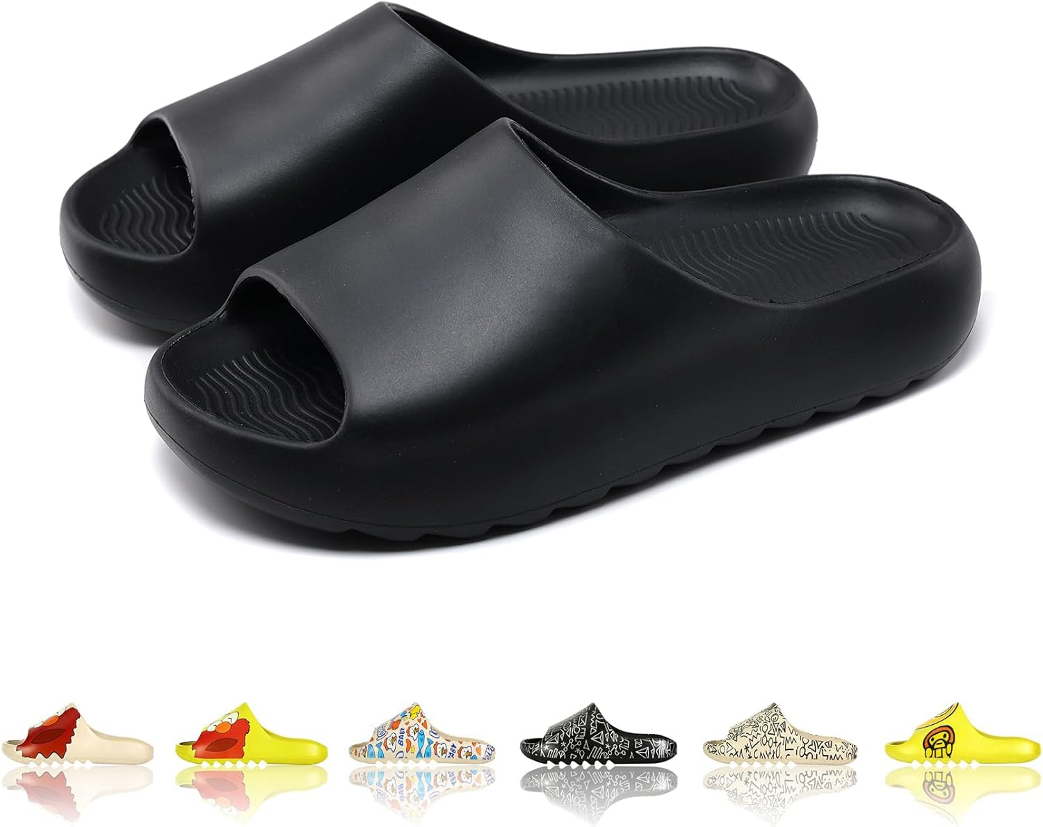 

Мужские и женские тапочки-сланцы с облачной подушкой EVA, милый мультяшный принт, нескользящие для душа, с открытым носком, для ванной, дома, спа, тренажерного зала, мягкая и удобная обувь Tptoes, черный