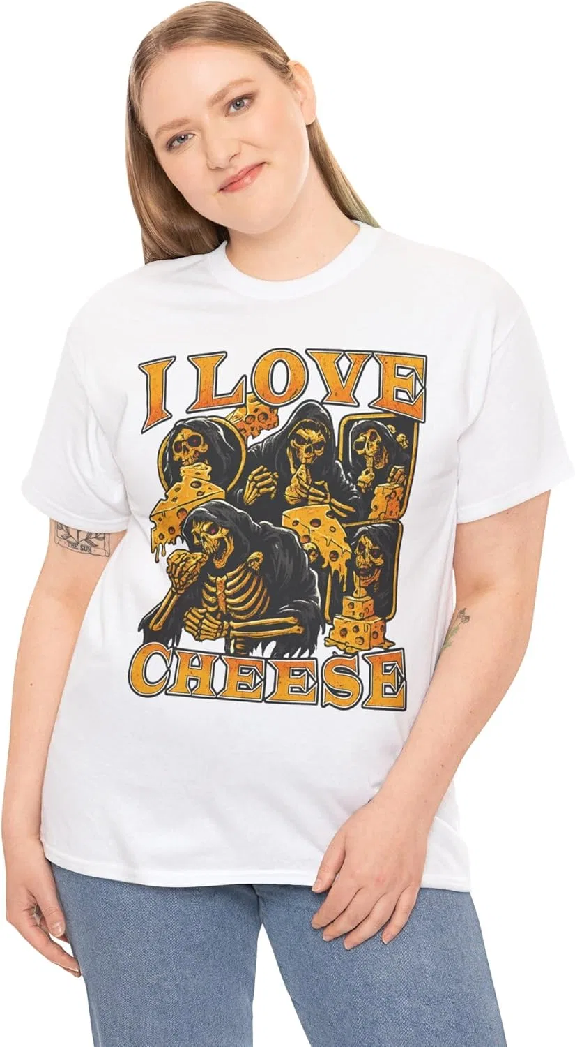 Футболка с забавным скелетом и надписью "I Love Cheese", оскорбительная GENERIC, белый — фото 3