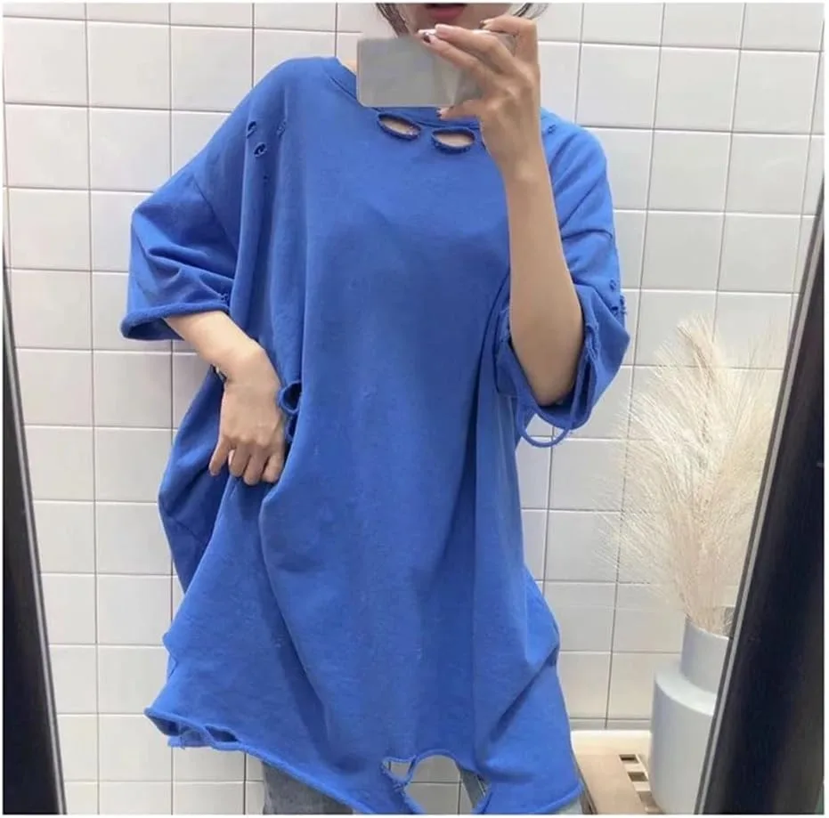 Женская футболка O-Neck Loose Solid Hole Color Hollow Out — фото 3