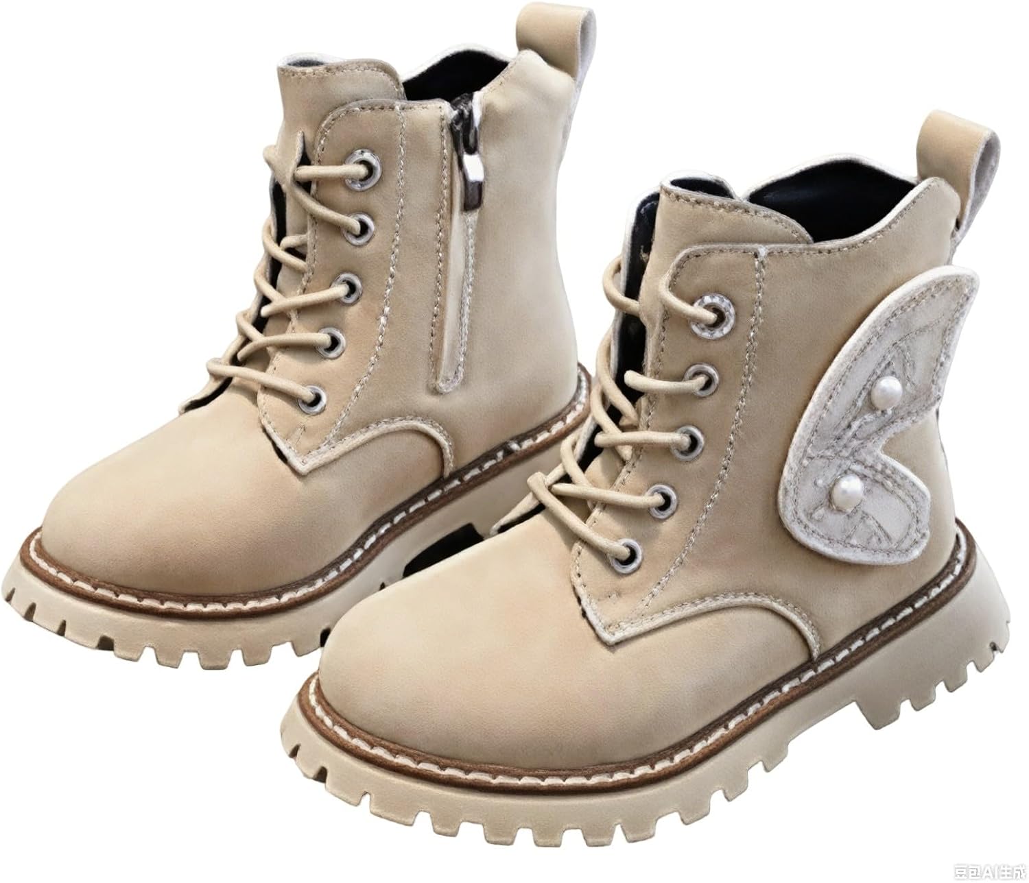 

Детские ботильоны для девочек на шнуровке с боевым стилем, ковбойские, с боковой молнией, короткие, с крылышками бабочки, из ПУ, для активного отдыха и походов Generic, Beige