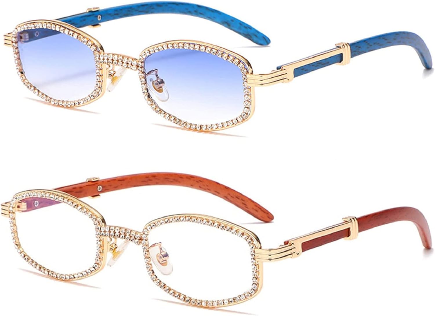 

Квадратные солнцезащитные очки Diamond для мужчин и женщин, роскошные дизайнерские, в деревянной оправе, со стразами, в стиле панк, с защитой от УФ-излучения UV400 mincl, 2pcs-blue&gold&clear