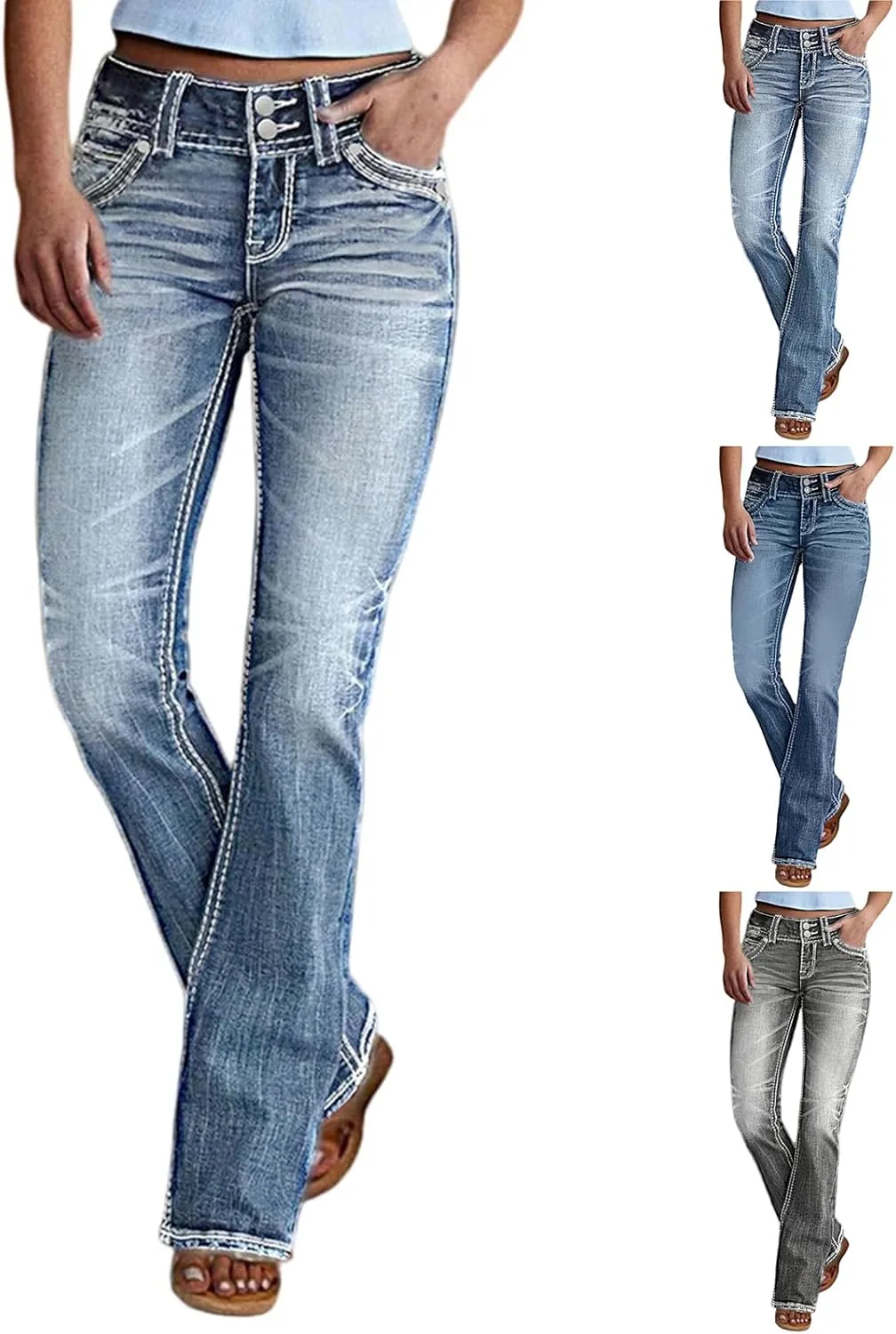 

Прямые джинсы для женщин Stretch Mid Rise Bootcut Denim Pants Lightweight Casual Vintage Wash