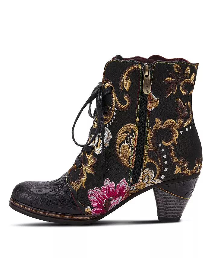 L’Artiste Women’s SIREN вышитые цветочные ботильоны на шнуровке с тисненой кожей, фигурным кантом и коническим каблуком L'Artiste, черный — фото 2