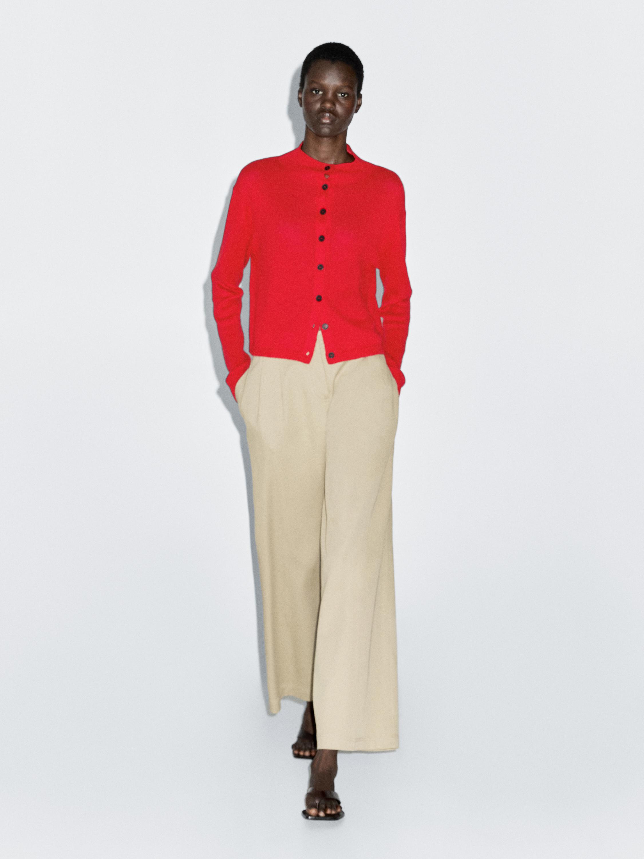 

Вязаный кардиган из шерсти и льна с воротником-стойкой Massimo Dutti, красный