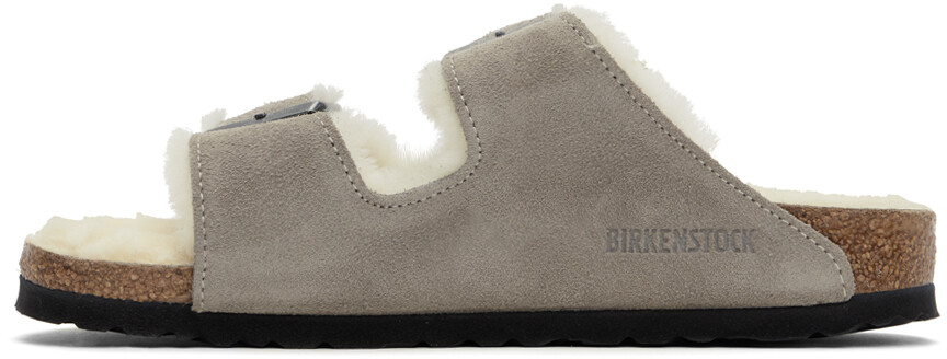 Серые узкие сандалии из овчины Arizona Birkenstock, Stone coin — фото 3