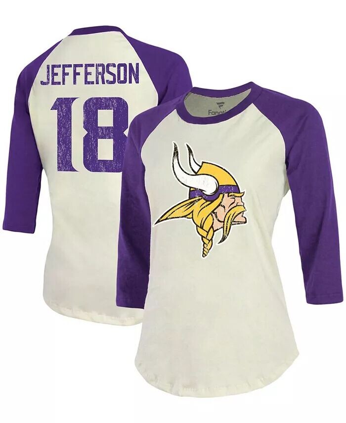 

Женская футболка кремового и фиолетового цвета с Джастином Джефферсоном Minnesota Vikings Player реглан, имя, номер, рукав 3/4 Fanatics