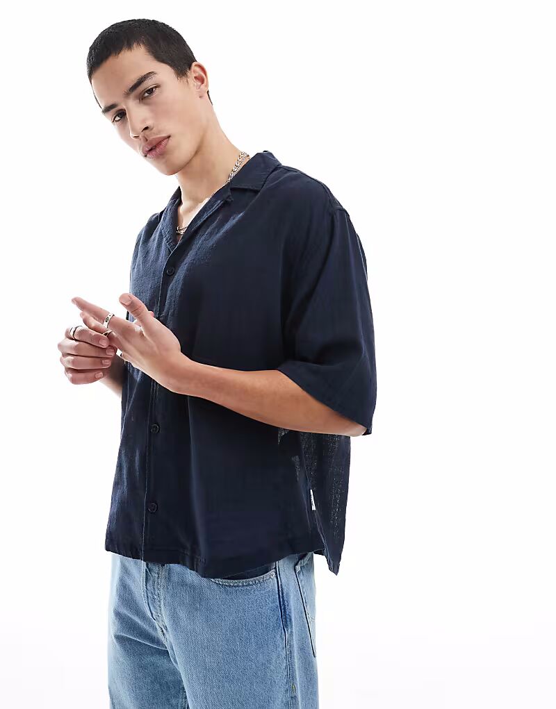 

ONLY & SONS свободная фактурная рубашка с воротником-стойкой темно-синего цвета