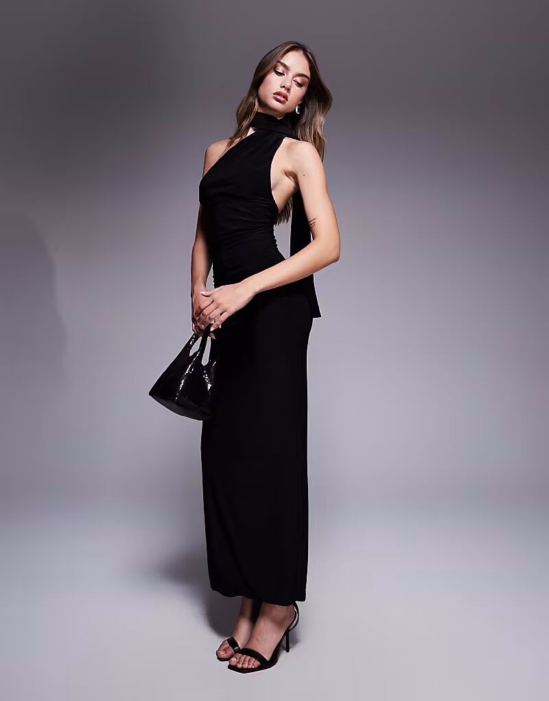 

Платье макси Fashionkilla с двойным облегающим силуэтом и шарфом черного цвета