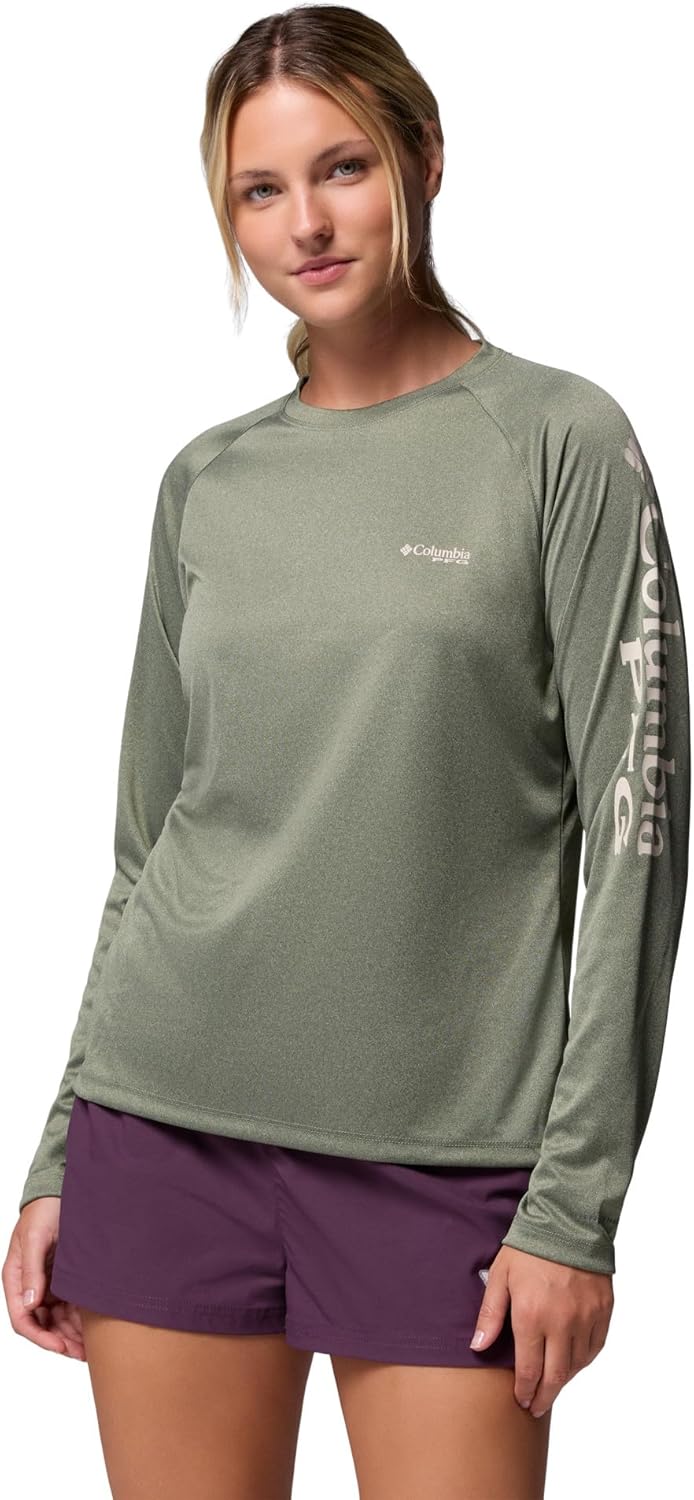 

Футболка Columbia Women's Tidal Tee II Long Sleeve Hoodie, Cypress Heather/Dark Stone Logo