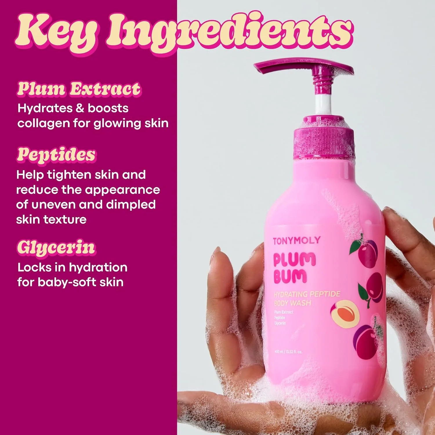 Увлажняющий и питательный гель для душа TONYMOLY Plum Bum Peptide с экстрактом сливы, пептидами и глицерином - нежный корейский гель для душа для мягкой, гладкой и сияющей кожи, 385 мл., Purple — фото 3