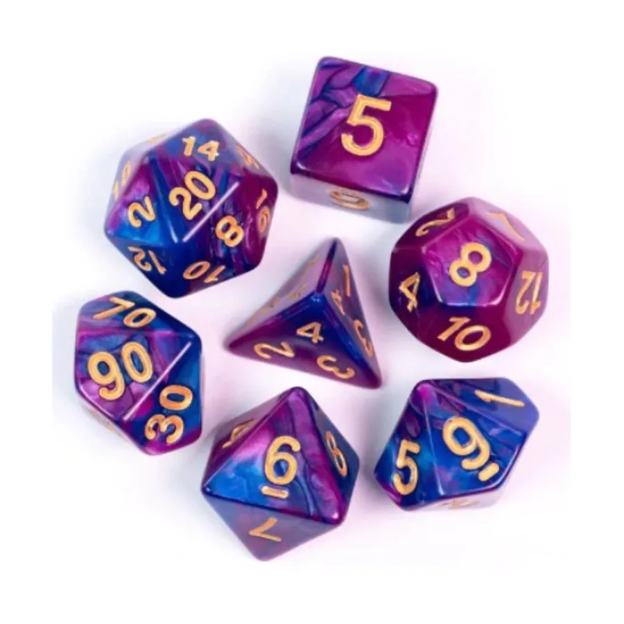 

Полисетка - Между измерениями с золотом (7), Dice Sets - Resin/Acrylic - Blue, Green, & Purple (Foam Brain Games)