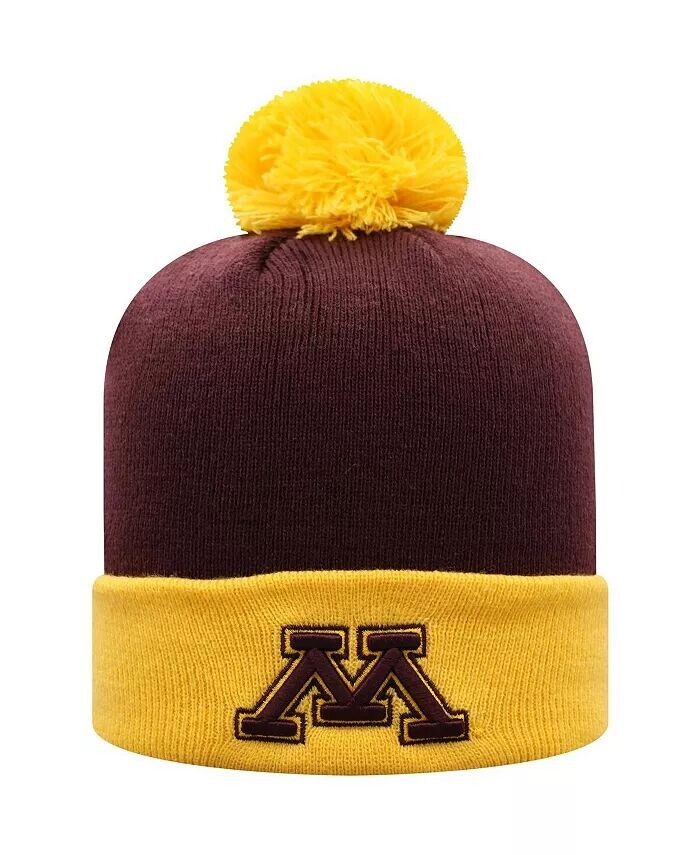 

Мужская темно-бордово-золотая двухцветная вязаная шапка Minnesota Golden Gophers Core с манжетами и помпоном Top Of The World