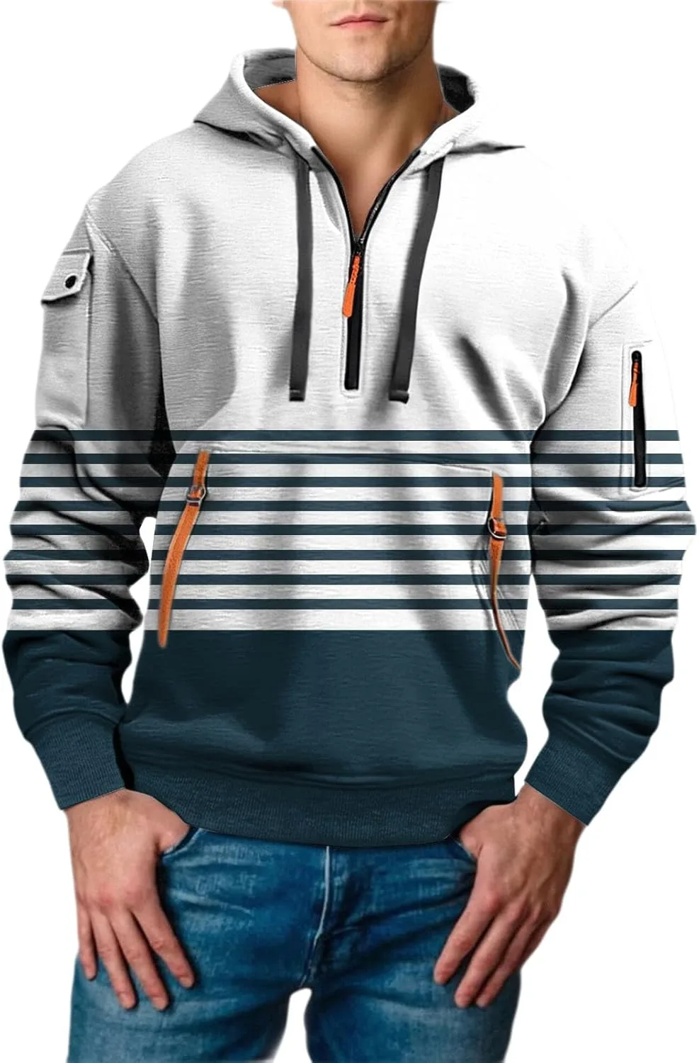 

Мужская худи с молнией на 1/4, цветной блок, полоска, с карманом