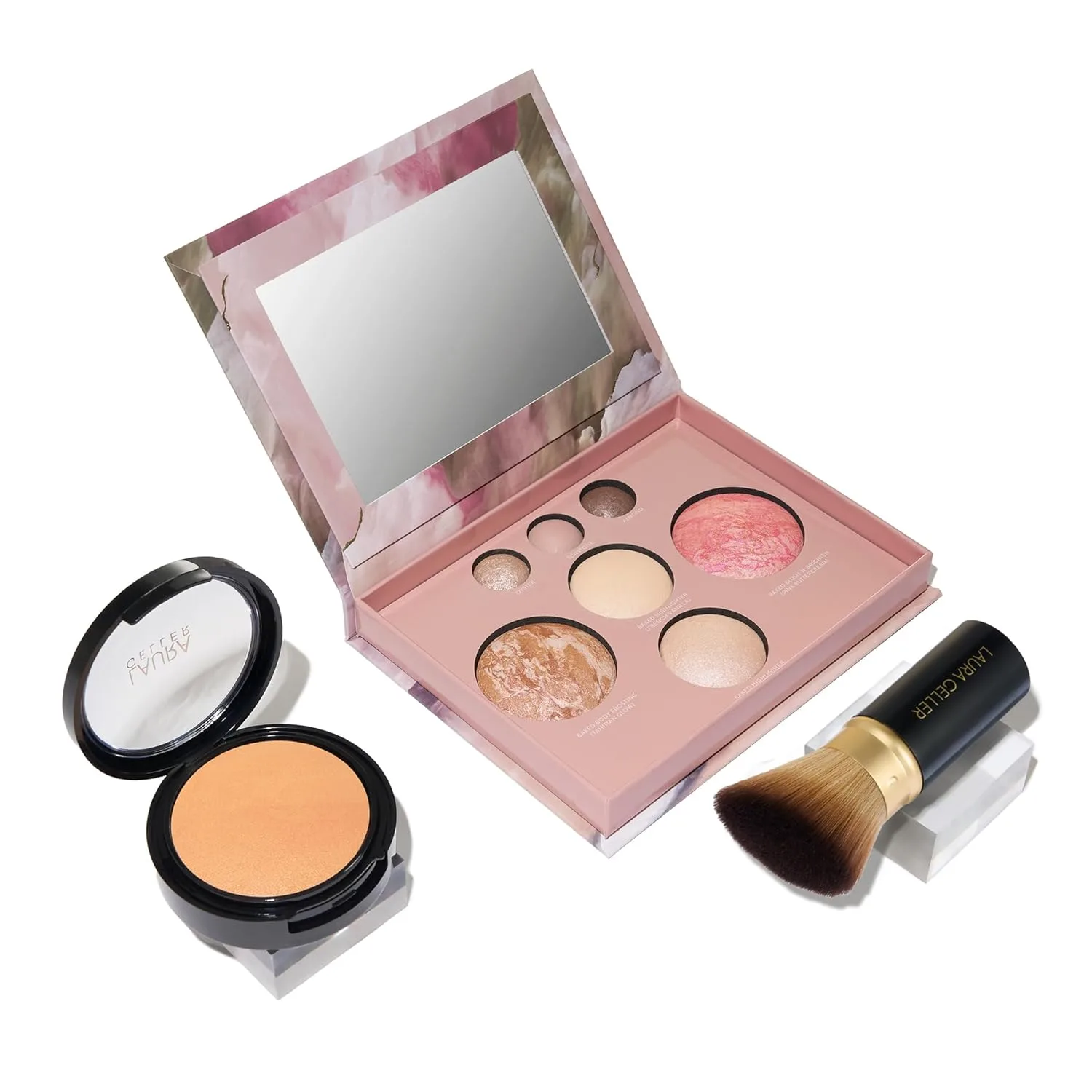 LAURA GELLER NEW YORK Matte Baked Starter Kit: рассыпчатая тональная основа Double Take Powder Foundation в оттенке Golden Medium, палетка для лица Best of the Best и складная угловая кисть Kabuki, Pink