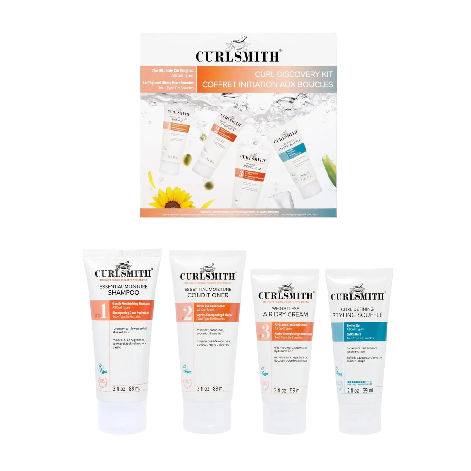Curlsmith Curl Discovery Kit для увлажнения и определения локонов: увлажняющий шампунь, кондиционер, несмываемый уход и стайлер, мини-формат для путешествий, для всех типов кудрей, Vegan & Cruelty Free