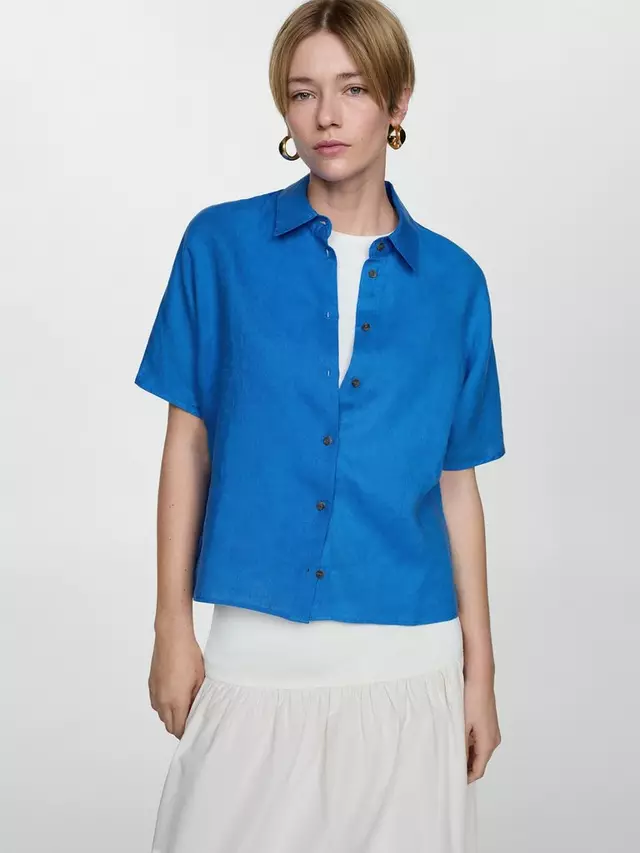 

Рубашка Mango Linen Boxy Short Sleeve, синий
