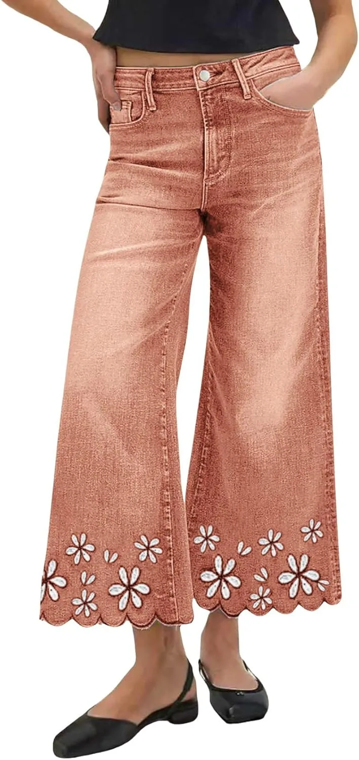 

Женские джинсы Chouyatou в стиле бохо с цветочной вышивкой, широкие, distressed, high waisted