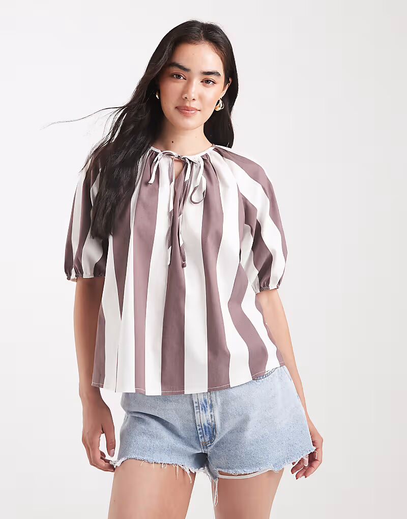 

Блузка в полоску с рукавами-фонариками и завязками Asos Design