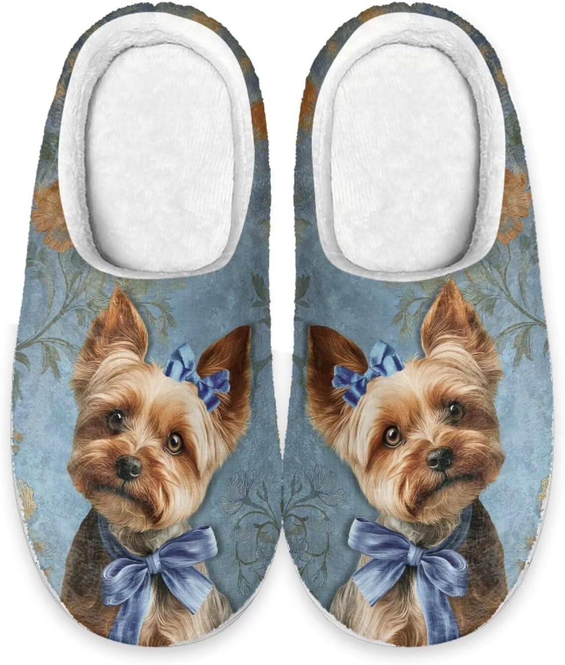

Xoenoiee Мужские и женские теплые пушистые тапочки для спальни, домашние тапочки, противоскользящие зимние домашние тапочки, Yorkshire Terrier Bowknot