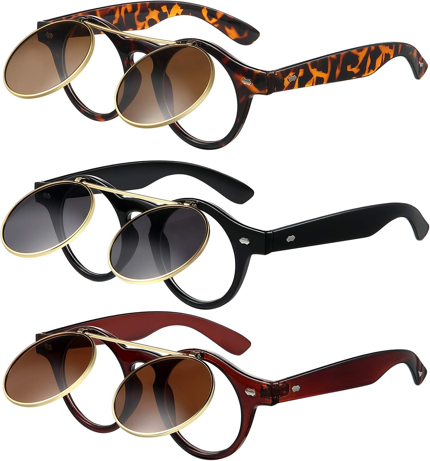 

Солнцезащитные очки Frienda (3 пары) с откидными линзами для мужчин и женщин, ретро-круглые очки в стиле стимпанк, идеальный подарок на Рождество или день рождения, Black, Brown, Leopard
