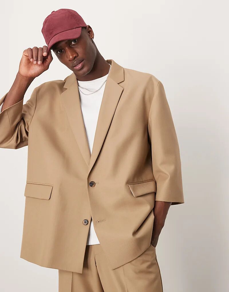 

Пиджак свободного кроя из льняной смеси ASOS DESIGN с короткими рукавами, песочного цвета