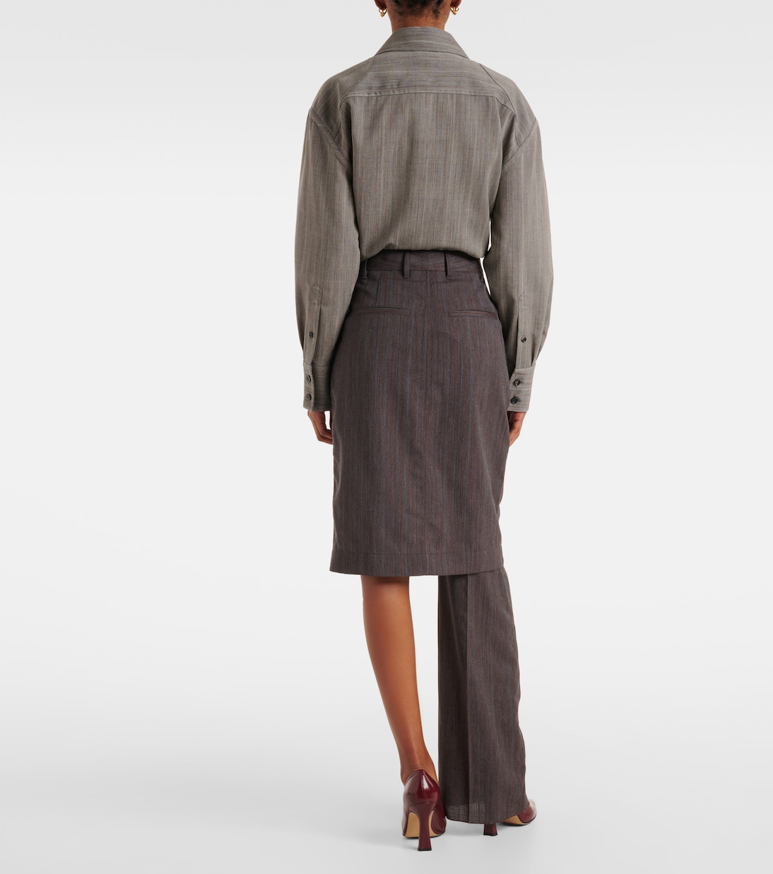 Асимметричные шерстяные брюки-юбка в полоску Bottega Veneta, Grey/Brown Melange — фото 3