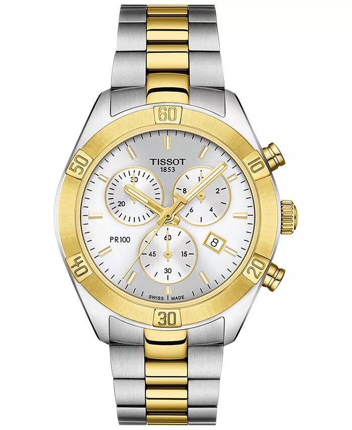 

Женские швейцарские часы с хронографом T-Classic PR 100, двухцветное PVD-браслет из нержавеющей стали, 38 мм Tissot