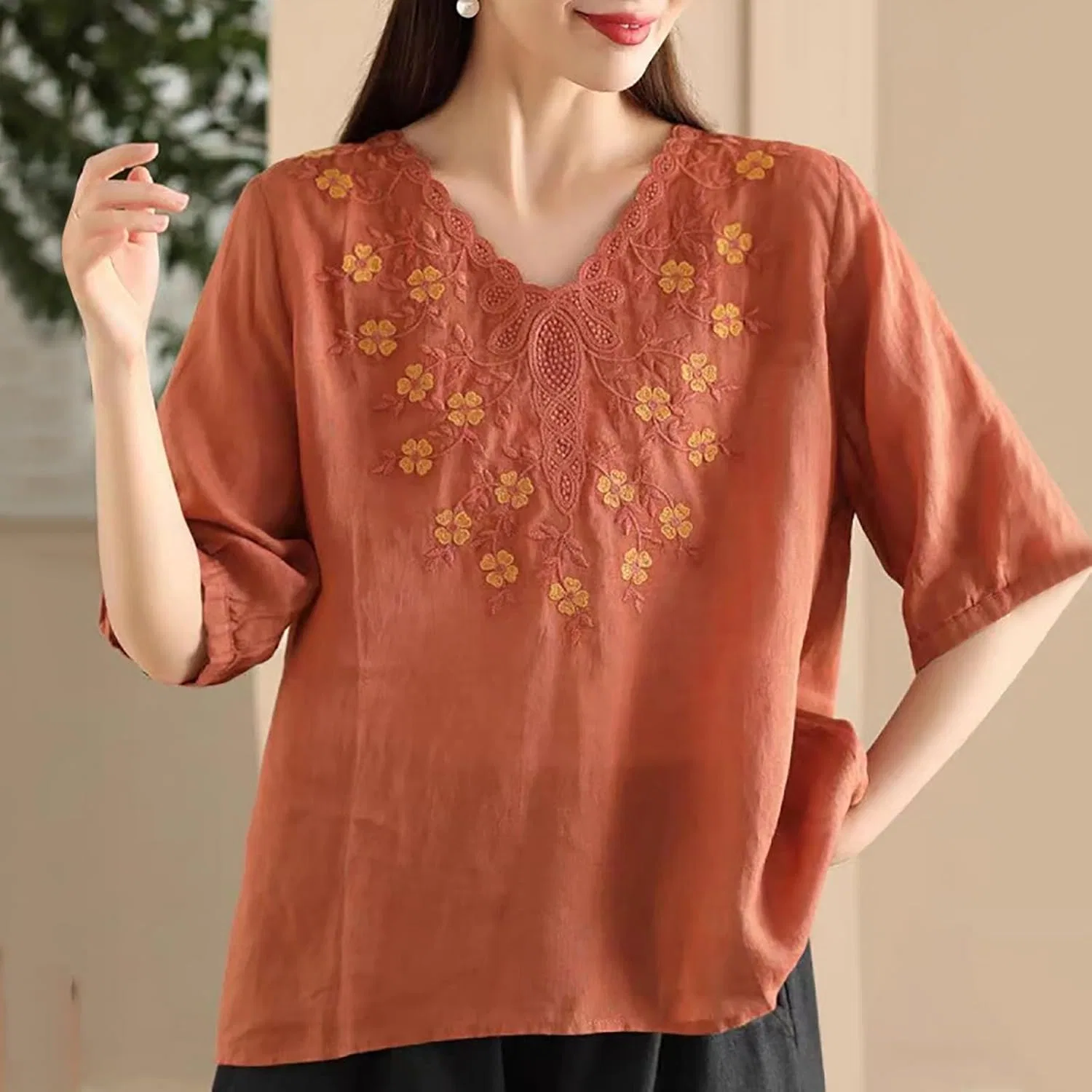 Футболка с длинным рукавом, хлопок и лен, Relaxed Fit, красный — фото 3