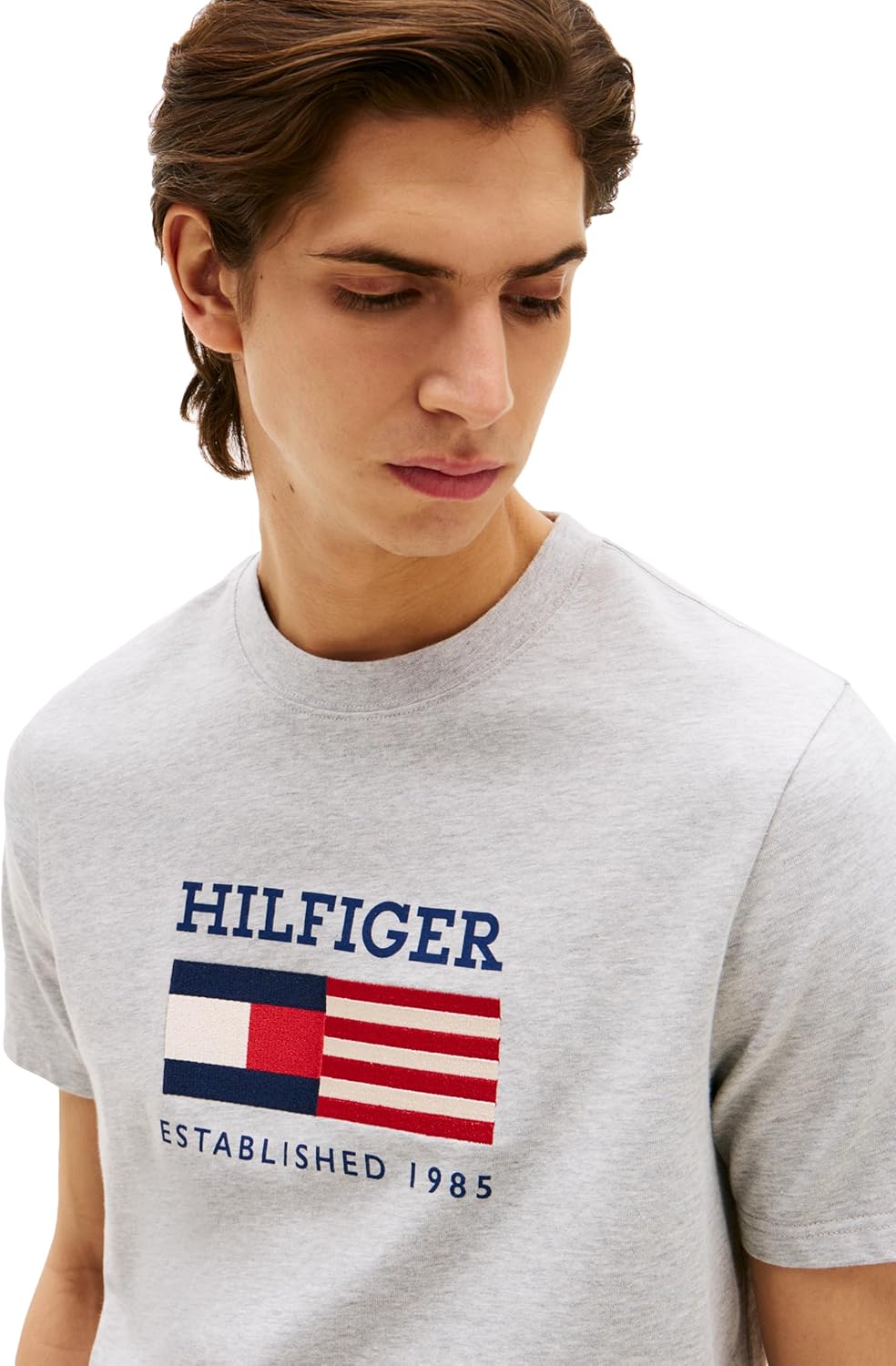 Мужские хлопковые футболки Tommy Hilfiger с коротким рукавом и вышитым логотипом-флажком, Light Grey Heather — фото 2