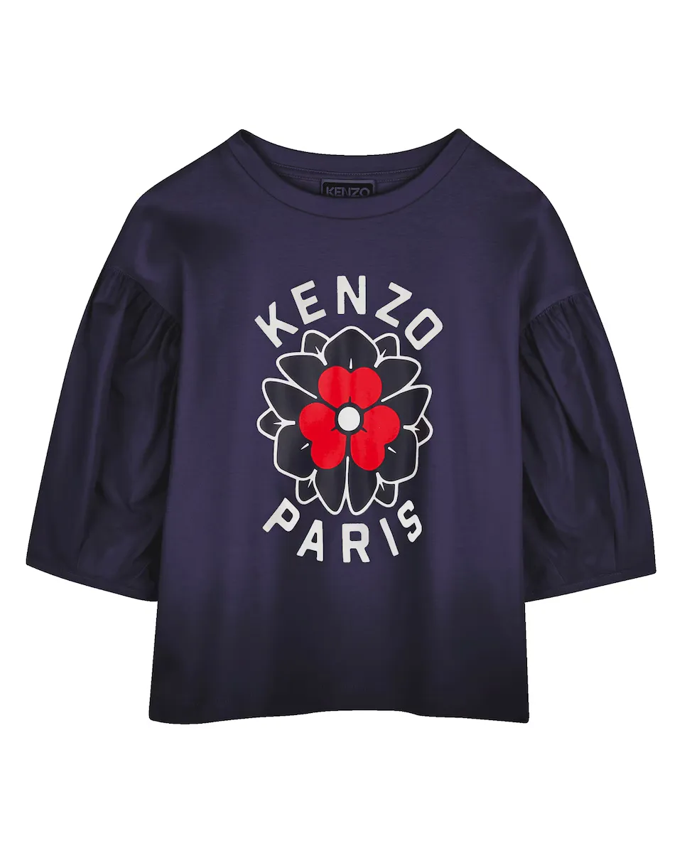 

Футболка из хлопка для девочки с французскими рукавами Kenzo Kids, тёмно-синий