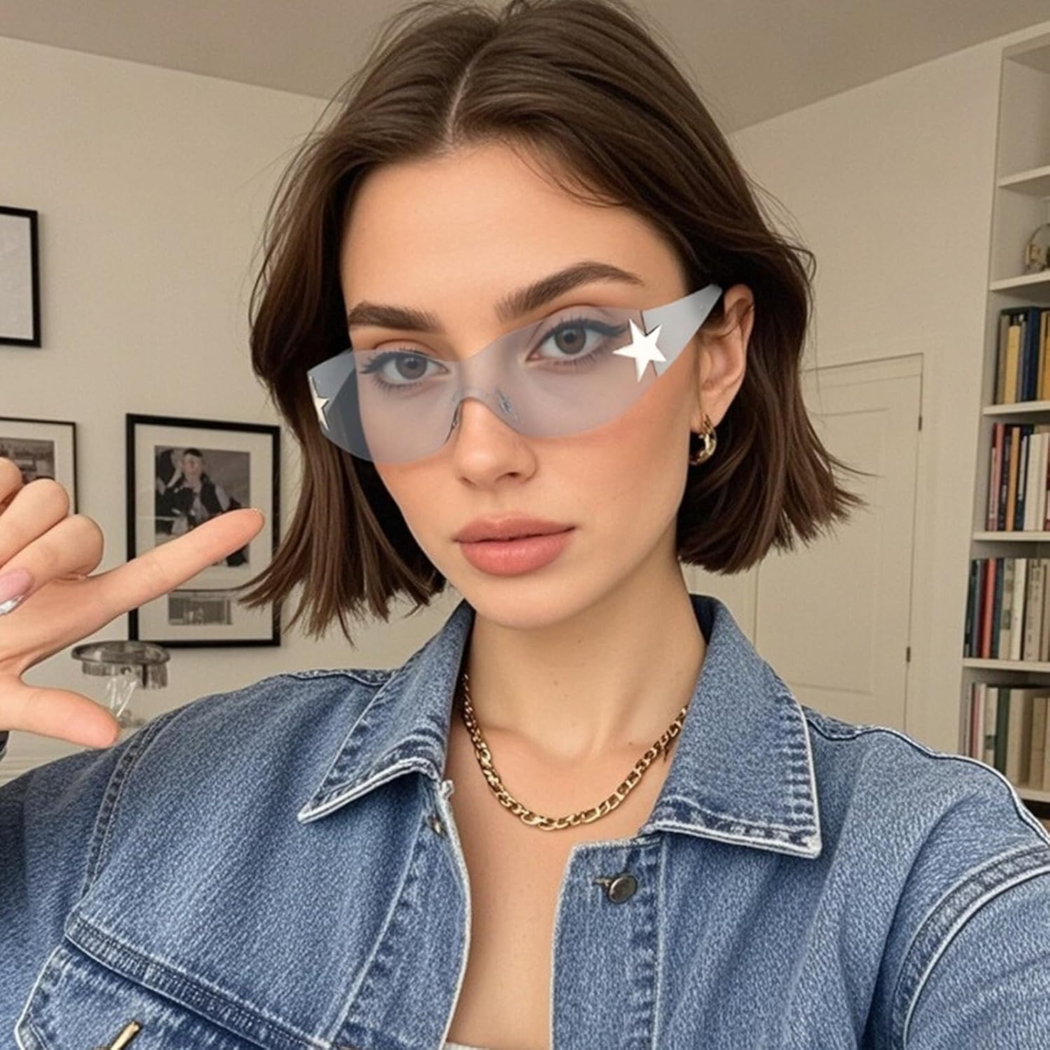 

Солнцезащитные очки Y2K для женщин и мужчин, модные солнцезащитные очки-щитки, солнцезащитные очки без оправы со звездами, очки большого размера Ehoomely, One Star-silver