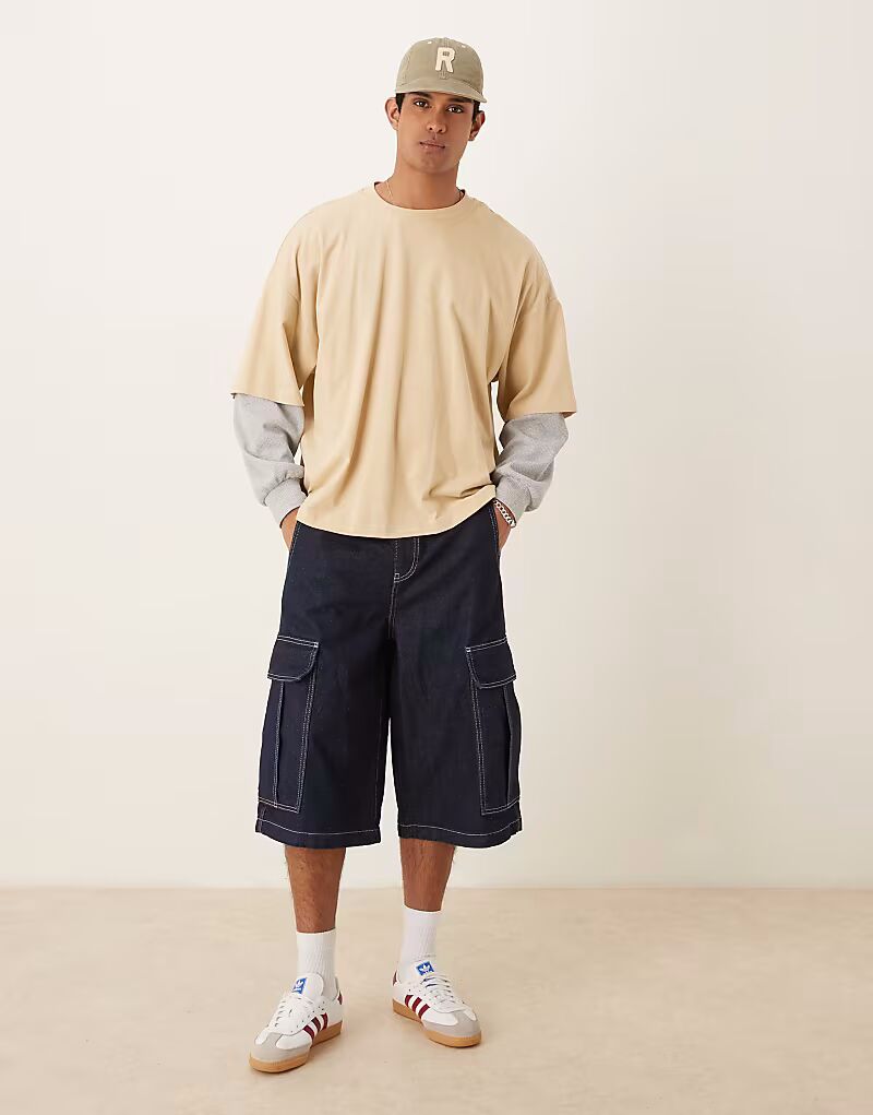 

Длинные джинсовые шорты ASOS DESIGN с двойными складками, необработанная стирка