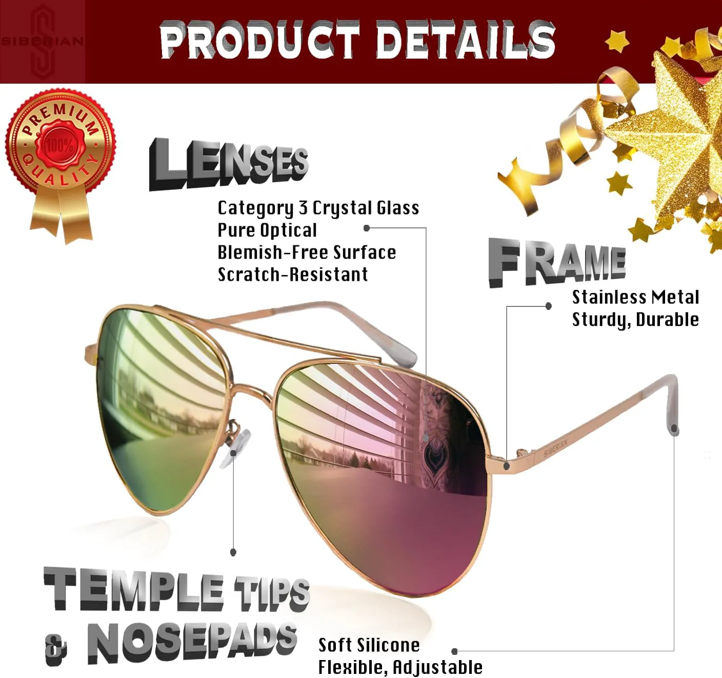 

SIBERIAN 100% настоящие очки-авиаторы 60 мм, производство США, премиум-класса, мужские/женские, защита UV400, неполяризованные, Pink Mirror Flash/Gold Frame