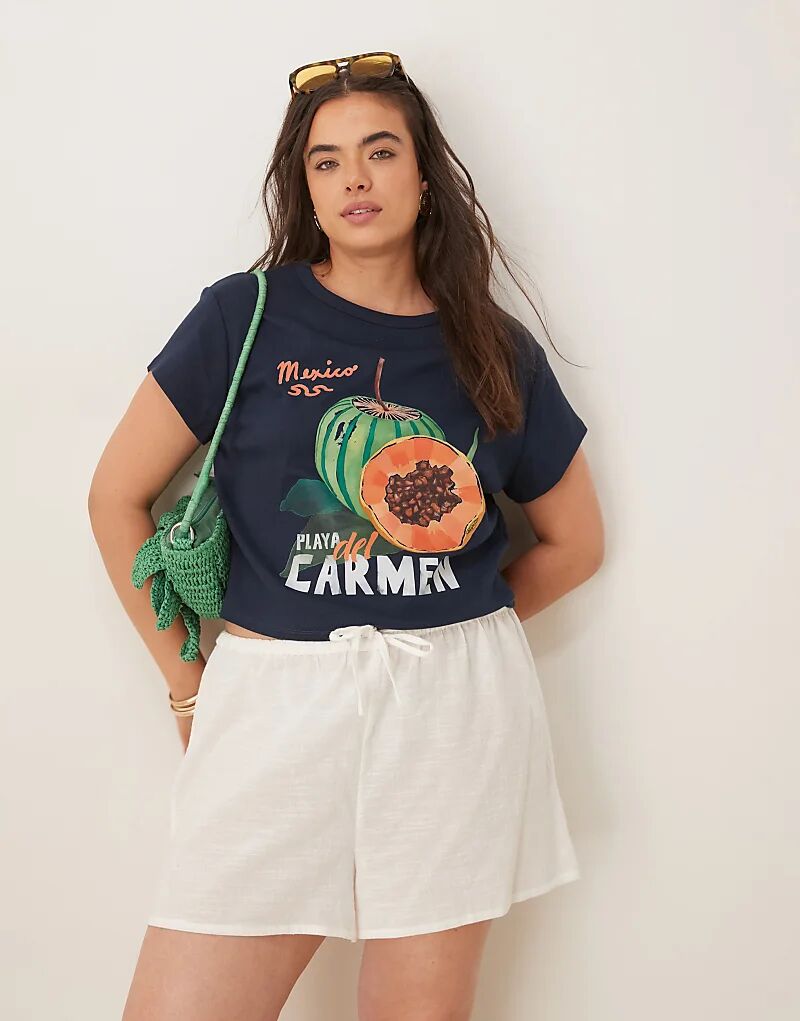 

Детская футболка ASOS DESIGN Curve с принтом фруктов Плайя-дель-Кармен, темно-синего цвета Asos Curve